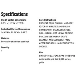 Weber Porcelain-Enameled Cast Iron Grate For SmokeFire And Spirit 300 Series Grills (WEB-7011) -Outdoor Grilling - Weber web 7011 spec a 05 22