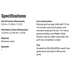 Weber Stainless Steel Grate For SmokeFire And Spirit 300 Series Grills (WEB-7012) -Outdoor Grilling - Weber web 7012 spec a 05 22