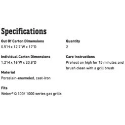 Weber Grates For Q 200/2000 Series Grills (WEB-7645) -Outdoor Grilling - Weber web 7644 spec a 05 22